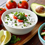 **

A vibrant and colorful close-up shot of a table filled with taco ingredients. In the foreground, focus on a bowl of creamy Greek yogurt sauce drizzled with lime juice and sprinkled with cilantro. Around it, arrange other fresh ingredients like diced tomatoes, red onion, avocado, jalapeños, and lime wedges. The overall impression should be fresh, healthy, and inviting, emphasizing the lightness of the yogurt-based sauce as a healthy alternative.

**