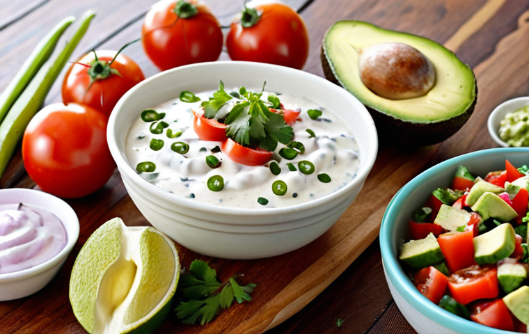 **
A vibrant and colorful close-up shot of a table filled with taco ingredients. In the foreground, focus on a bowl of creamy Greek yogurt sauce drizzled with lime juice and sprinkled with cilantro. Around it, arrange other fresh ingredients like diced tomatoes, red onion, avocado, jalapeños, and lime wedges. The overall impression should be fresh, healthy, and inviting, emphasizing the lightness of the yogurt-based sauce as a healthy alternative.
**