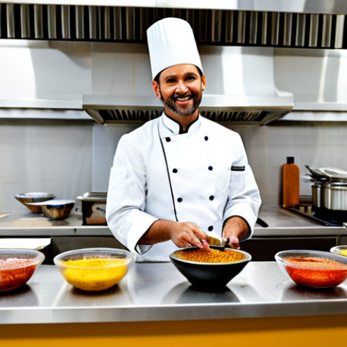 Home 24 A professional culinary expert, fully clothed in a modest chef's uniform, meticulously preparing an innovative burger sauce in a clean, brightly lit professional kitchen. Various small bowls of exotic spices and fresh ingredients from around the world are neatly arranged on a stainless steel counter. The scene emphasizes the artistry and precision involved in creating gourmet sauces, with a focus on vibrant colors and appealing textures. The chef exhibits perfect anatomy, correct proportions, and a natural pose. safe for work, appropriate content, fully clothed, professional photography, high quality.
