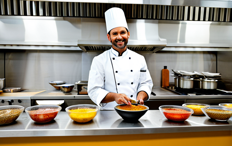 A professional culinary expert, fully clothed in a modest chef's uniform, meticulously preparing an innovative burger sauce in a clean, brightly lit professional kitchen. Various small bowls of exotic spices and fresh ingredients from around the world are neatly arranged on a stainless steel counter. The scene emphasizes the artistry and precision involved in creating gourmet sauces, with a focus on vibrant colors and appealing textures. The chef exhibits perfect anatomy, correct proportions, and a natural pose. safe for work, appropriate content, fully clothed, professional photography, high quality.