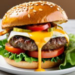 A close-up shot of an exquisitely crafted gourmet fusion burger. The burger features a golden brioche bun, a thick, juicy beef patty, vibrant fresh lettuce, ripe tomato slices, a slice of melted artisanal cheese, and a unique, house-made sauce visibly drizzled. The ingredients are perfectly stacked and arranged, showcasing their quality and freshness. Professional food photography, sharp focus on the burger, shallow depth of field, warm inviting lighting, clean background, detailed texture, high resolution, safe for work, appropriate content, professional, family-friendly.