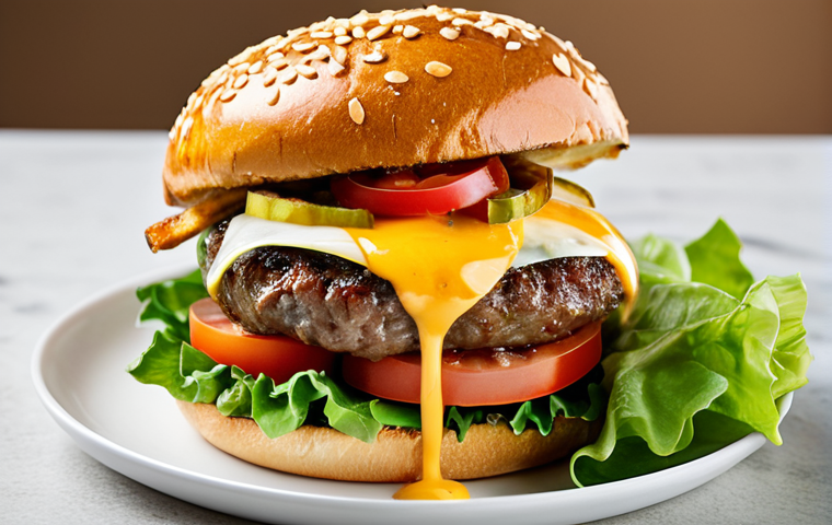 A close-up shot of an exquisitely crafted gourmet fusion burger. The burger features a golden brioche bun, a thick, juicy beef patty, vibrant fresh lettuce, ripe tomato slices, a slice of melted artisanal cheese, and a unique, house-made sauce visibly drizzled. The ingredients are perfectly stacked and arranged, showcasing their quality and freshness. Professional food photography, sharp focus on the burger, shallow depth of field, warm inviting lighting, clean background, detailed texture, high resolution, safe for work, appropriate content, professional, family-friendly.