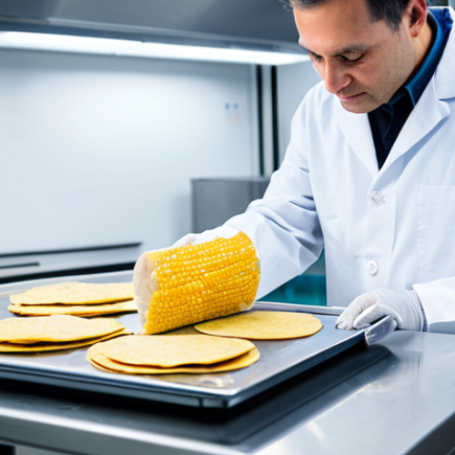 Home 22 A professional food scientist, fully clothed in a clean lab coat, meticulously examining a clear package of refrigerated fusion tacos under bright laboratory lighting. One hand gently holds a perfectly formed corn tortilla, appearing to test its texture. In the background, sleek, modern food engineering equipment and controlled atmosphere packaging systems are visible, emphasizing precision and innovation. The setting is a pristine, high-tech food innovation laboratory, depicted with sharp focus and professional studio lighting. perfect anatomy, correct proportions, natural pose, well-formed hands, proper finger count, safe for work, appropriate content, fully clothed, professional, modest clothing.