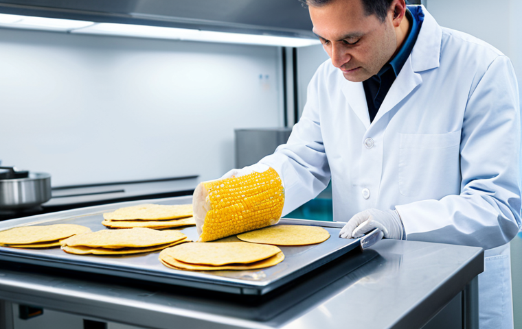 A professional food scientist, fully clothed in a clean lab coat, meticulously examining a clear package of refrigerated fusion tacos under bright laboratory lighting. One hand gently holds a perfectly formed corn tortilla, appearing to test its texture. In the background, sleek, modern food engineering equipment and controlled atmosphere packaging systems are visible, emphasizing precision and innovation. The setting is a pristine, high-tech food innovation laboratory, depicted with sharp focus and professional studio lighting. perfect anatomy, correct proportions, natural pose, well-formed hands, proper finger count, safe for work, appropriate content, fully clothed, professional, modest clothing.