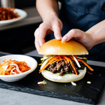A professional overhead studio shot of an innovative fusion fast food dish. The focus is on a meticulously plated gourmet 'Bao Burger', featuring a fluffy steamed bun, savory grilled bulgogi beef, crisp colorful kimchi slaw, and a drizzle of creamy sriracha aioli, artfully arranged on a minimalist, dark slate serving board. Bright, natural lighting accentuates the fresh ingredients and diverse textures, creating an appealing "food porn" aesthetic. The background is a softly blurred, clean, modern fast-casual counter. This image is safe for work, appropriate content, fully clothed, modest clothing, appropriate attire, professional dress, perfect anatomy, correct proportions, natural pose, well-formed hands, proper finger count, natural body proportions, professional photography, high quality, family-friendly.