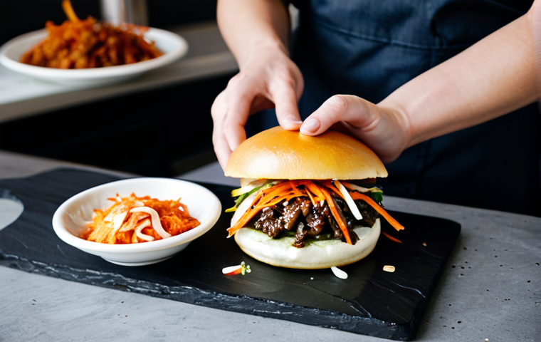 A professional overhead studio shot of an innovative fusion fast food dish. The focus is on a meticulously plated gourmet 'Bao Burger', featuring a fluffy steamed bun, savory grilled bulgogi beef, crisp colorful kimchi slaw, and a drizzle of creamy sriracha aioli, artfully arranged on a minimalist, dark slate serving board. Bright, natural lighting accentuates the fresh ingredients and diverse textures, creating an appealing "food porn" aesthetic. The background is a softly blurred, clean, modern fast-casual counter. This image is safe for work, appropriate content, fully clothed, modest clothing, appropriate attire, professional dress, perfect anatomy, correct proportions, natural pose, well-formed hands, proper finger count, natural body proportions, professional photography, high quality, family-friendly.