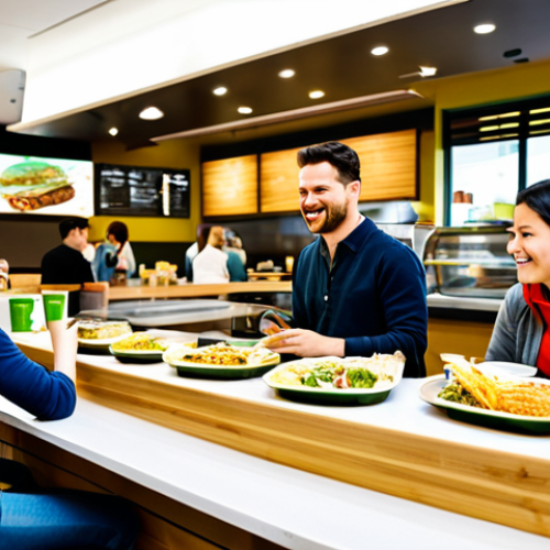 Home 21 **
"A brightly lit, modern "fast-food" restaurant interior, featuring customers enjoying meals made with fresh, local ingredients. Focus on the eco-friendly packaging (compostable containers, bamboo cutlery). Depict a diverse group of people. The scene should convey a sense of community and sustainability. Fully clothed, appropriate attire, family-friendly, safe for work, perfect anatomy, natural proportions, professional photography, high quality."
**