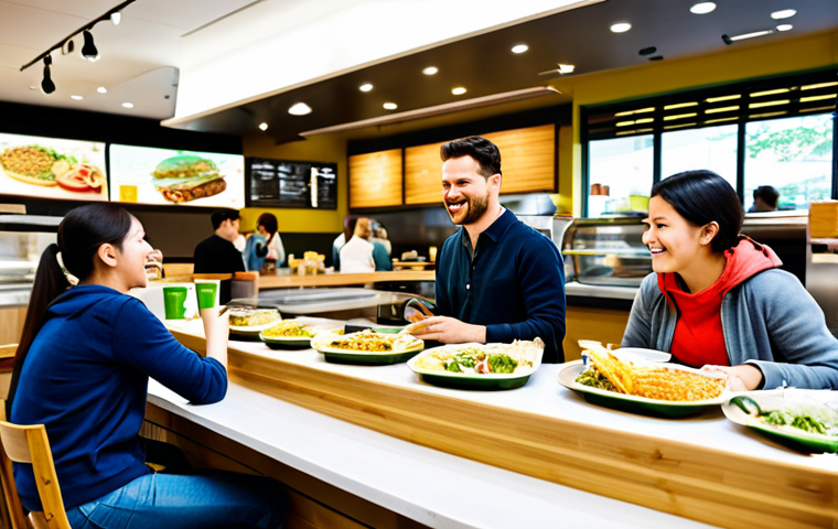 **
"A brightly lit, modern "fast-food" restaurant interior, featuring customers enjoying meals made with fresh, local ingredients. Focus on the eco-friendly packaging (compostable containers, bamboo cutlery). Depict a diverse group of people. The scene should convey a sense of community and sustainability. Fully clothed, appropriate attire, family-friendly, safe for work, perfect anatomy, natural proportions, professional photography, high quality."
**