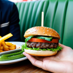 Trendy Vegan Fast Food Restaurant**

"A bright and modern fast-food restaurant in Paris, featuring vegan burgers and salads. Customers are diverse and stylish, dressed in contemporary French fashion, fully clothed, appropriate attire. The restaurant has green plants and a welcoming atmosphere. Focus on the appetizing presentation of a vegan burger with colorful vegetables. Safe for work, professional food photography, natural proportions, well-formed hands."

**