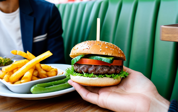 Trendy Vegan Fast Food Restaurant**

"A bright and modern fast-food restaurant in Paris, featuring vegan burgers and salads. Customers are diverse and stylish, dressed in contemporary French fashion, fully clothed, appropriate attire. The restaurant has green plants and a welcoming atmosphere. Focus on the appetizing presentation of a vegan burger with colorful vegetables. Safe for work, professional food photography, natural proportions, well-formed hands."

**