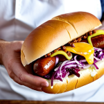 Artisanal Hot Dog Creation**

"Close-up shot of hands assembling a gourmet hot dog. Focus on the high-quality ingredients: artisanal brioche bun, premium sausage, colorful toppings (caramelized onions, red cabbage, pickles), and a drizzle of unique sauce. Safe for work, appropriate content, fully clothed chef apron visible. Professional food photography, perfect anatomy of the hands, natural lighting, family-friendly."

**