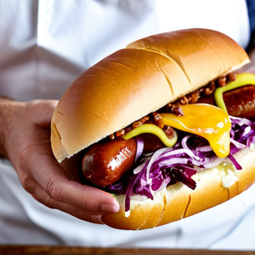 Home 19 Artisanal Hot Dog Creation**
"Close-up shot of hands assembling a gourmet hot dog. Focus on the high-quality ingredients: artisanal brioche bun, premium sausage, colorful toppings (caramelized onions, red cabbage, pickles), and a drizzle of unique sauce. Safe for work, appropriate content, fully clothed chef apron visible. Professional food photography, perfect anatomy of the hands, natural lighting, family-friendly."
**
