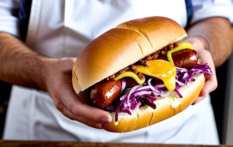 Artisanal Hot Dog Creation**
"Close-up shot of hands assembling a gourmet hot dog. Focus on the high-quality ingredients: artisanal brioche bun, premium sausage, colorful toppings (caramelized onions, red cabbage, pickles), and a drizzle of unique sauce. Safe for work, appropriate content, fully clothed chef apron visible. Professional food photography, perfect anatomy of the hands, natural lighting, family-friendly."
**