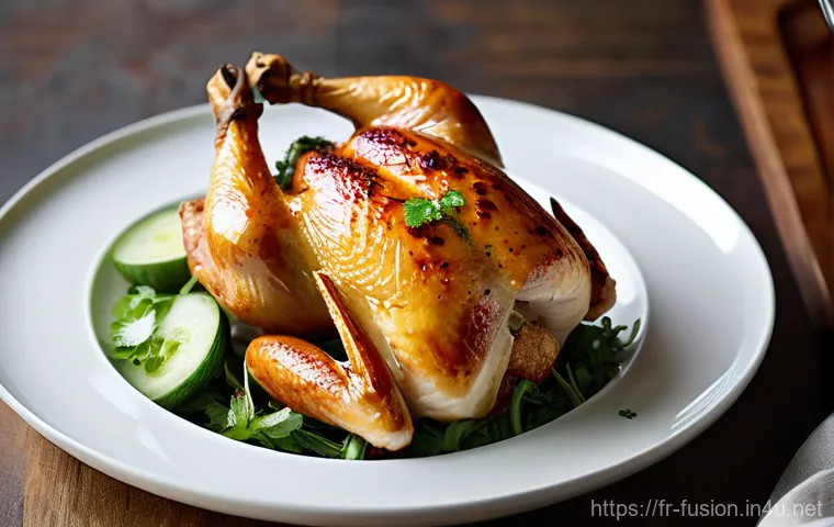 퓨전 치킨 소스와 양념 비교 - Thai-French Fusion Roasted Chicken**
A hyper-realistic, overhead shot of a whole roasted chicken, go...