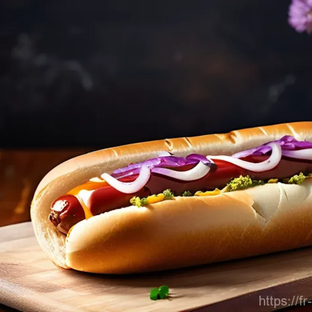 퓨전 핫도그와 스낵 조합 - **Prompt:** A close-up, highly detailed and artistic food photograph of a gourmet French hot dog. Th...
