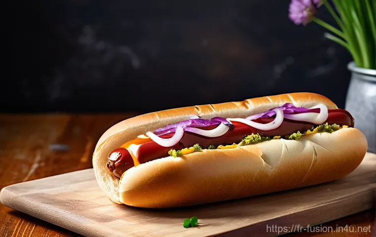 퓨전 핫도그와 스낵 조합 - **Prompt:** A close-up, highly detailed and artistic food photograph of a gourmet French hot dog. Th...