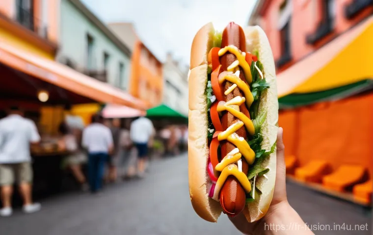 퓨전 핫도그와 스낵 조합 - **Prompt:** A close-up, highly detailed and artistic food photograph of a gourmet French hot dog. Th...
