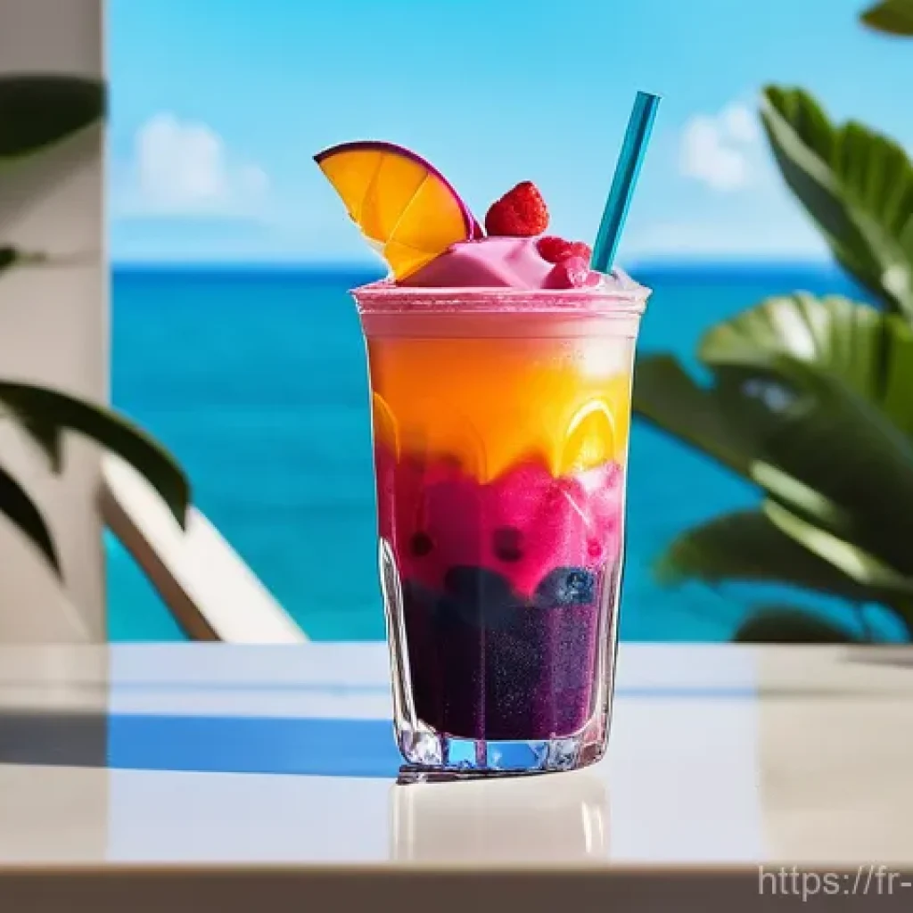 퓨전 패스트푸드 음료 메뉴 - A vibrant and visually appealing 'fusion' fast-food drink, presented in a sleek, clear cup with a un...