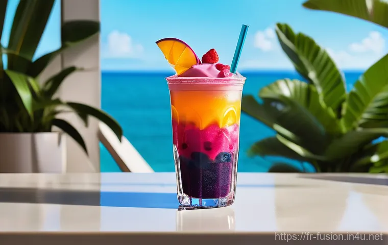 퓨전 패스트푸드 음료 메뉴 - A vibrant and visually appealing 'fusion' fast-food drink, presented in a sleek, clear cup with a un...