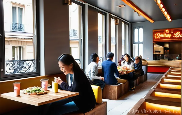 퓨전 패스트푸드의 다양한 메뉴 추천 - **Prompt 1: Parisian Fusion Lunch Scene**
    "A vibrant, eye-level shot of a bustling, modern fusio...