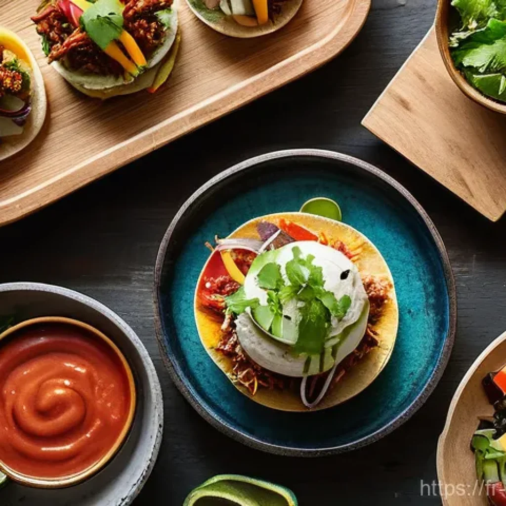 퓨전 패스트푸드 SNS 인기 메뉴 - **Vibrant Parisian Street Food Fusion Feast:** A close-up, top-down shot of a beautifully arranged s...