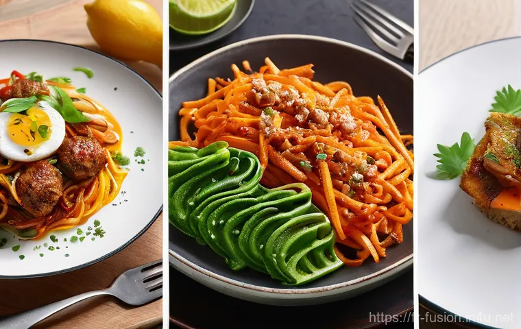 퓨전 패스트푸드와 스낵 조합 - Here are three detailed image prompts in English, inspired by the "fast-good" and fusion cuisine tre...