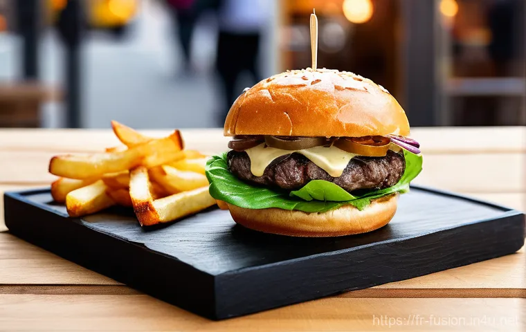 퓨전 패스트푸드와 스낵 조합 - Prompt 1: "Gourmet Street Burger in a Parisian Setting"**