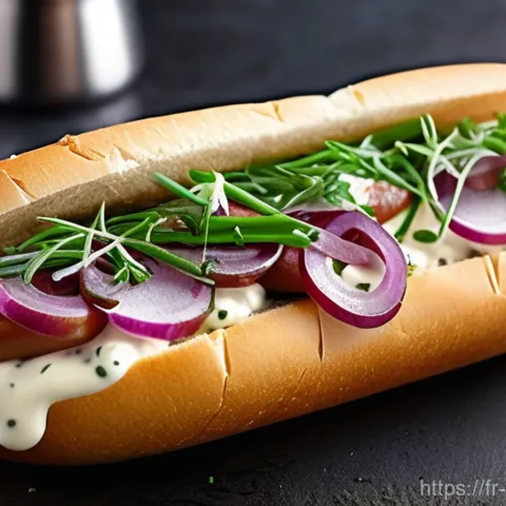 퓨전 핫도그 제조사 원료 공급처 - **A Gourmet Fusion Hot Dog with Artisanal Touches**
    A beautifully plated, close-up shot of a fus...