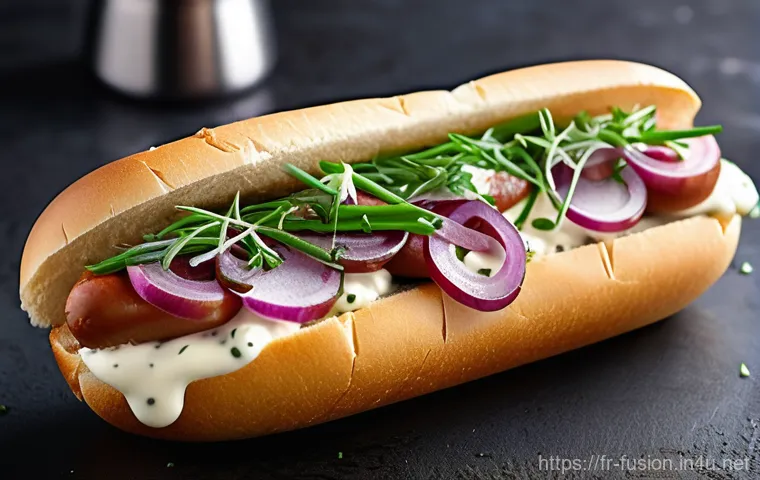 퓨전 핫도그 제조사 원료 공급처 - **A Gourmet Fusion Hot Dog with Artisanal Touches**
    A beautifully plated, close-up shot of a fus...