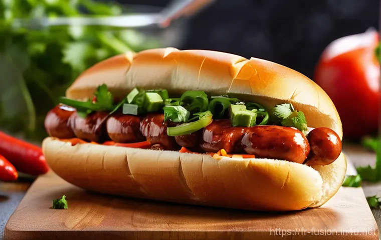 퓨전 핫도그 기성품 추천 - **Prompt:** A gourmet "French Terroir" hot dog presented on a rustic wooden board. The hot dog featu...