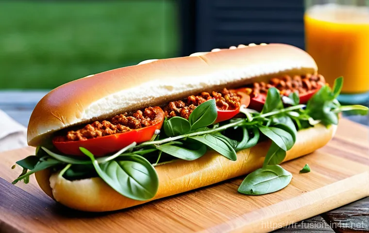 퓨전 핫도그 기성품 추천 - **Prompt:** A vibrant and dynamic "Spicy & Exotic Fusion" hot dog, showcasing bold colors and textur...