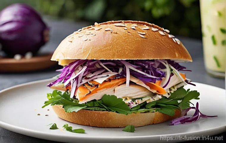 퓨전 패스트푸드의 영양가 향상 사례 - **Prompt 1: Gourmet Fusion Fast-Food Experience**
    A close-up, high-resolution food photograph of...