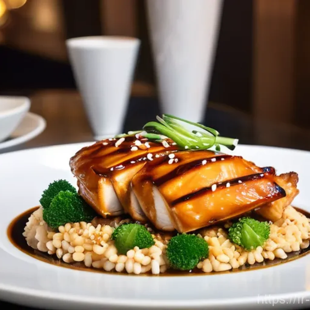 퓨전 치킨의 글로벌 소스 비교 - A beautifully plated dish of "Poulet Teriyaki" in a chic Parisian bistro setting. The chicken pieces...