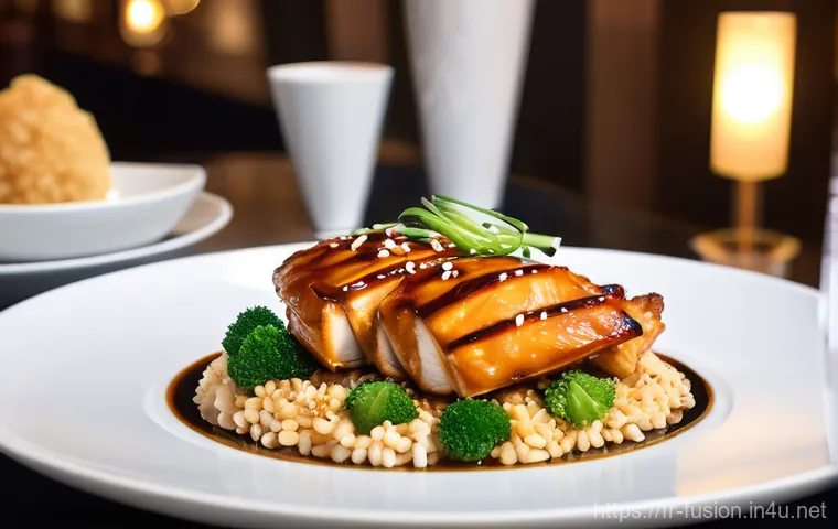 퓨전 치킨의 글로벌 소스 비교 - A beautifully plated dish of "Poulet Teriyaki" in a chic Parisian bistro setting. The chicken pieces...