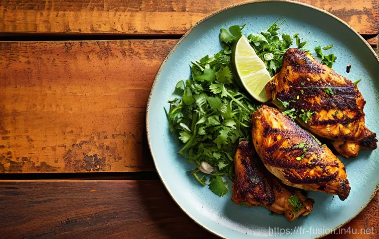 퓨전 치킨의 글로벌 소스 비교 - A vibrant outdoor scene depicting "Poulet Méditerranéen Grillé" on a rustic wooden table under the b...