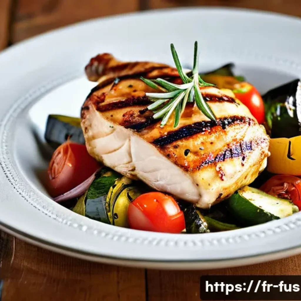 퓨전 치킨 영양소 상세 분석 - **Grilled Chicken with Mediterranean Vegetables:** "A vibrant photograph showcasing a perfectly gril...
