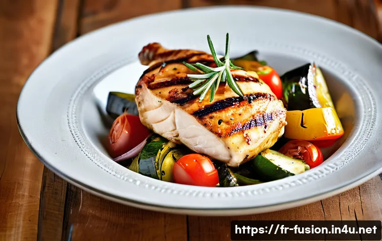 퓨전 치킨 영양소 상세 분석 - **Grilled Chicken with Mediterranean Vegetables:** "A vibrant photograph showcasing a perfectly gril...