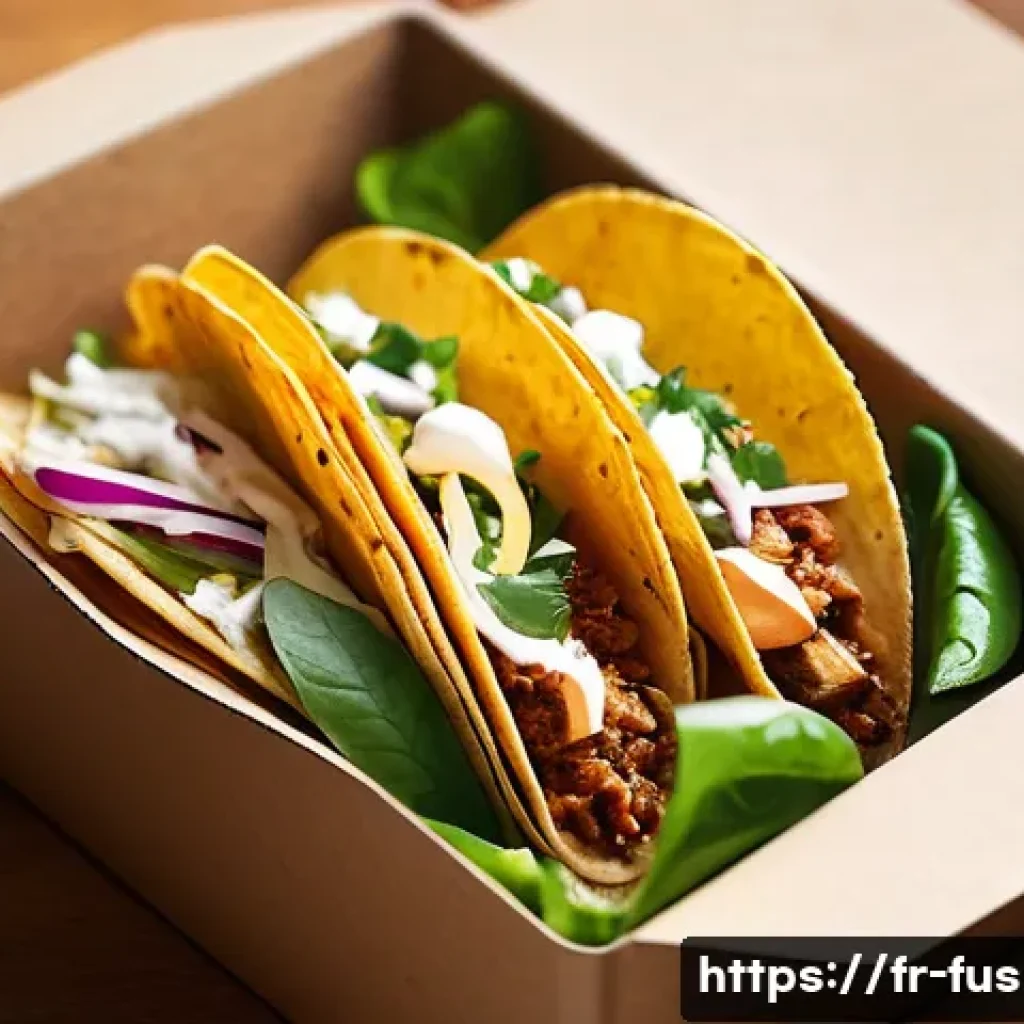 퓨전 타코의 저탄소 포장재 - A close-up, inviting shot of a delicious, freshly prepared fusion taco held in a sturdy, naturally-t...