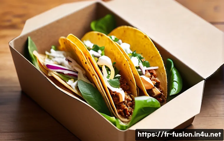 퓨전 타코의 저탄소 포장재 - A close-up, inviting shot of a delicious, freshly prepared fusion taco held in a sturdy, naturally-t...