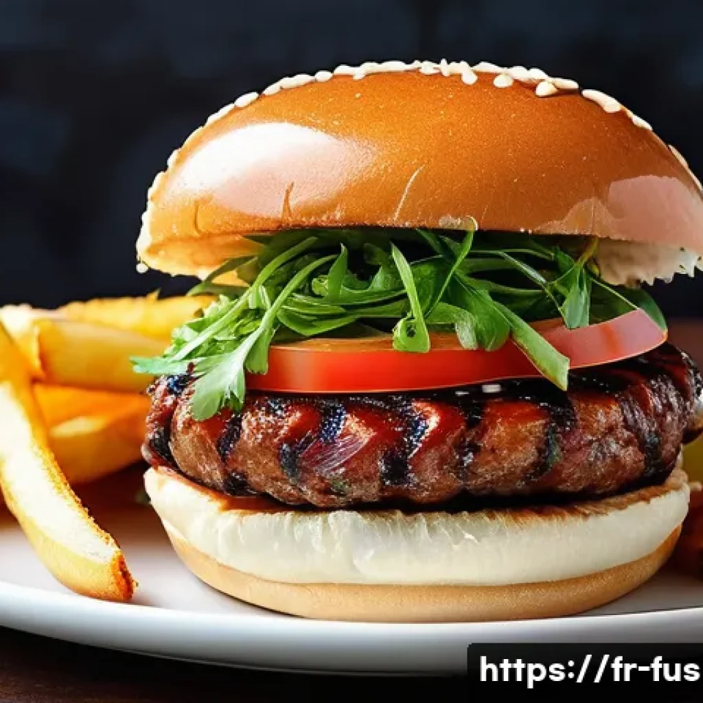 퓨전 패스트푸드의 대체육 브랜드 - **Vibrant Plant-Based Fusion Burger in a Parisian Bistro**
    A mouth-watering, close-up shot of a ...