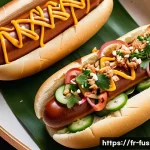 퓨전 핫도그의 다양한 맛 - **Prompt: "A vibrant, close-up shot of a 'Hô Chi Style' hot dog, bursting with fresh, bright ingredi...