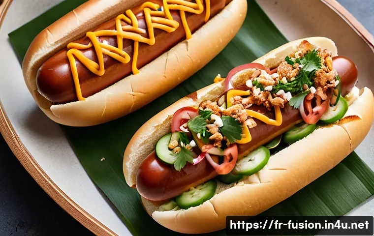 퓨전 핫도그의 다양한 맛 - **Prompt: "A vibrant, close-up shot of a 'Hô Chi Style' hot dog, bursting with fresh, bright ingredi...