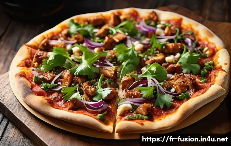 퓨전 피자 재료 비교 - **Prompt:** "A gourmet fusion pizza, freshly baked, featuring a crispy, golden-brown crust. The pizz...