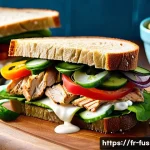 퓨전 샌드위치 브랜드별 영양 분석 - A vibrant fusion sandwich on a wooden board, featuring whole grain multigrain bread filled with gril...
