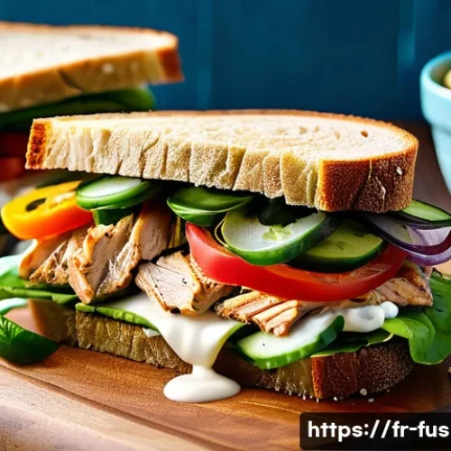 퓨전 샌드위치 브랜드별 영양 분석 - A vibrant fusion sandwich on a wooden board, featuring whole grain multigrain bread filled with gril...