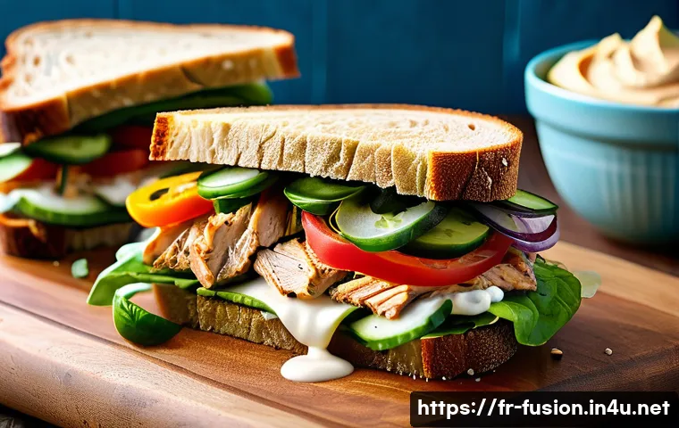 퓨전 샌드위치 브랜드별 영양 분석 - A vibrant fusion sandwich on a wooden board, featuring whole grain multigrain bread filled with gril...