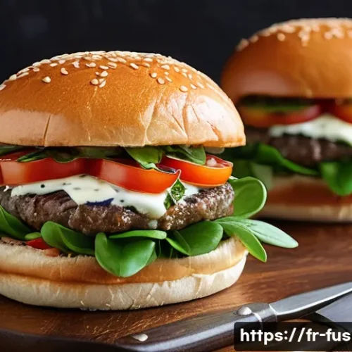 퓨전 버거와 환경 지속 가능성 - A vibrant gourmet burger made with locally sourced French ingredients, featuring a thick patty of or...