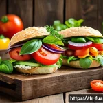 퓨전 샌드위치 소스의 조합 - A vibrant gourmet sandwich spread on a rustic wooden table, featuring an assortment of fresh herbs l...