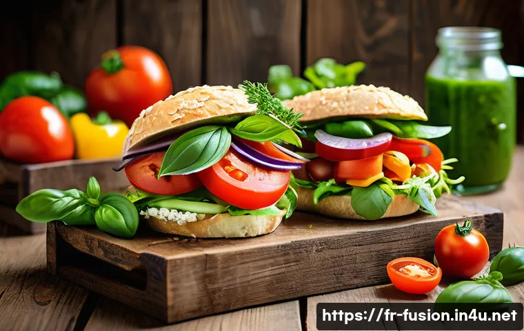 퓨전 샌드위치 소스의 조합 - A vibrant gourmet sandwich spread on a rustic wooden table, featuring an assortment of fresh herbs l...