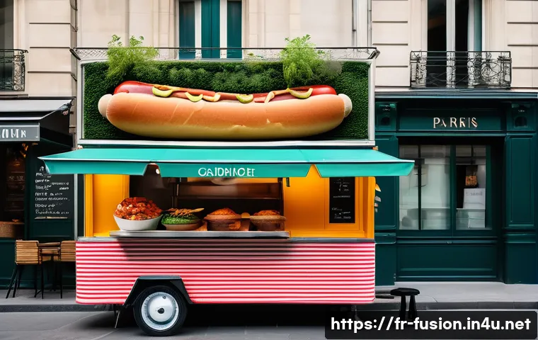 퓨전 핫도그의 주요 대체 육류 - A vibrant street food scene in Paris featuring a gourmet fusion hot-dog made with textured plant-bas...